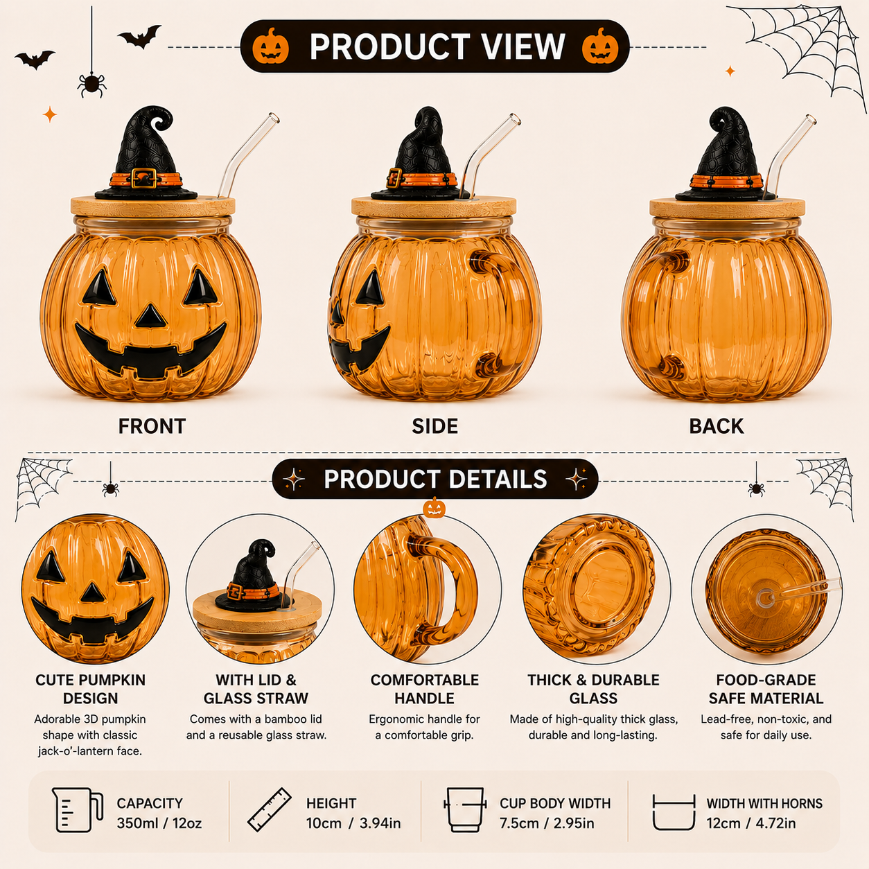๐ Halloween Glass Cup Collection โ Highland Cow, Ghost & Pumpkin | 12oz Glass Cup with Wooden Lid & Straw
