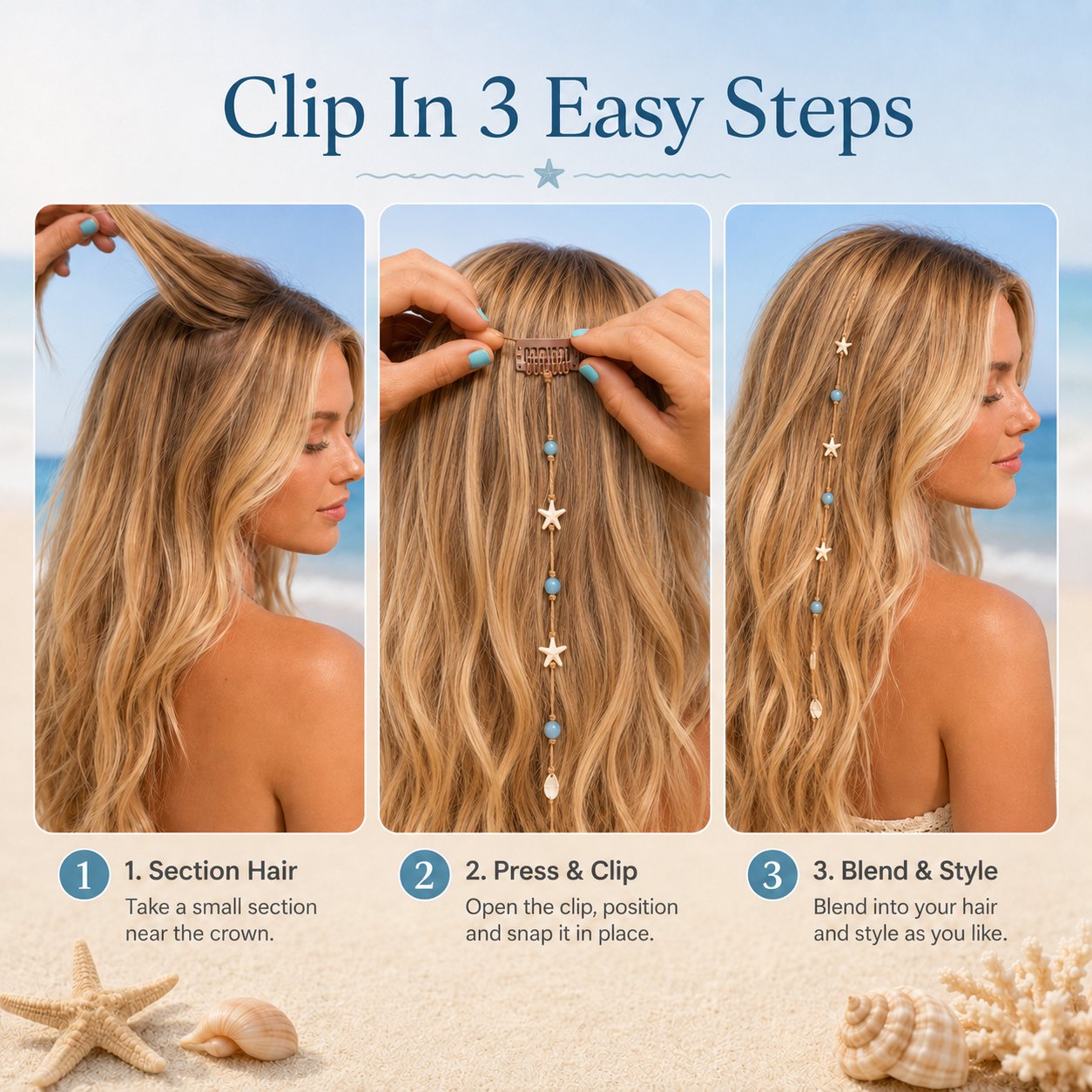 🔥LAST DAY 50% OFF - 🌊⭐Beachy Mermaid Hair Accent Clip (Featuring blue bead accents, starfish, and shell charms)
