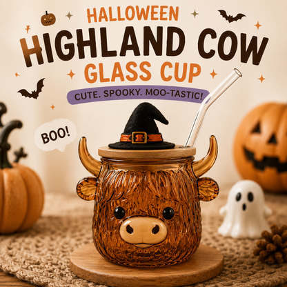 🎃 Halloween Glass Cup Collection – Highland Cow, Ghost & Pumpkin | 12oz Glass Cup with Wooden Lid & Straw
