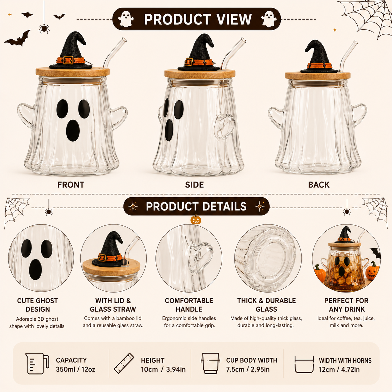 🎃 Halloween Glass Cup Collection – Highland Cow, Ghost & Pumpkin | 12oz Glass Cup with Wooden Lid & Straw