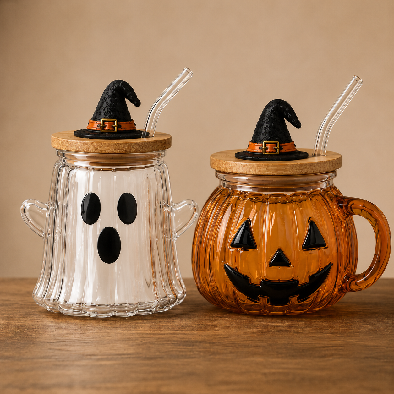 🎃 Halloween Glass Cup Collection – Highland Cow, Ghost & Pumpkin | 12oz Glass Cup with Wooden Lid & Straw
